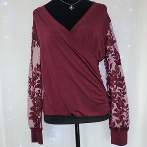 ADIVA Women's Size Small Faux Wrap Blouse Maroon Red Sheer Floral long sleeves